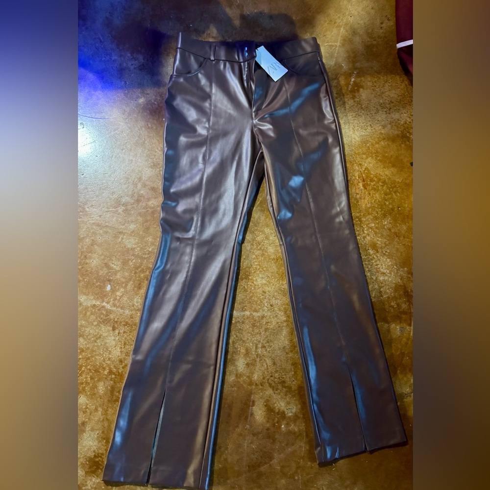 Zara Faux Leather Brown Flare Pants - Picture 7 of 7